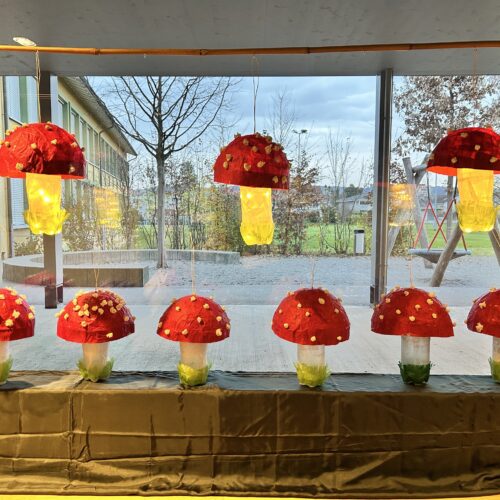 FliegenpilzLaternen im Schulhaus ausgestellt