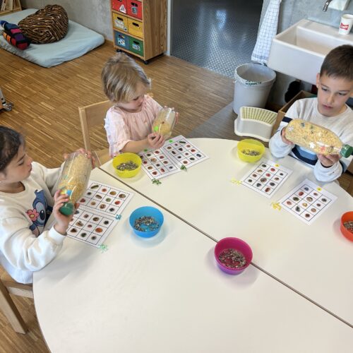Kinder suchen kleine Teile in Flaschen mit Sägemehl gefüllt