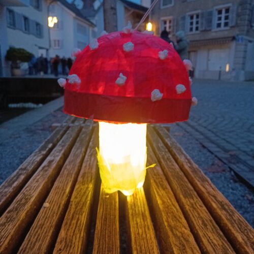 Eine beleuchtete Pilzlaterne im Städtli