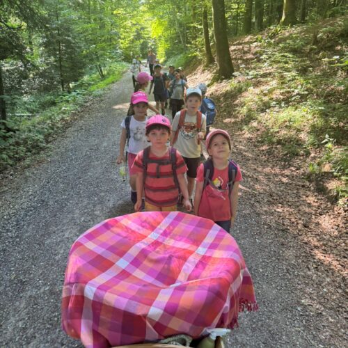 Kinder gehen mit Pool auf Leiterwagen durch den Wald